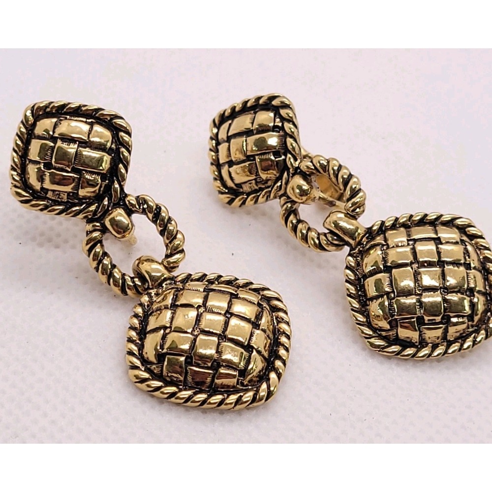 Vintage 1980s Avon Gold Tone Basket Weave Rope Drop Clip Earrings